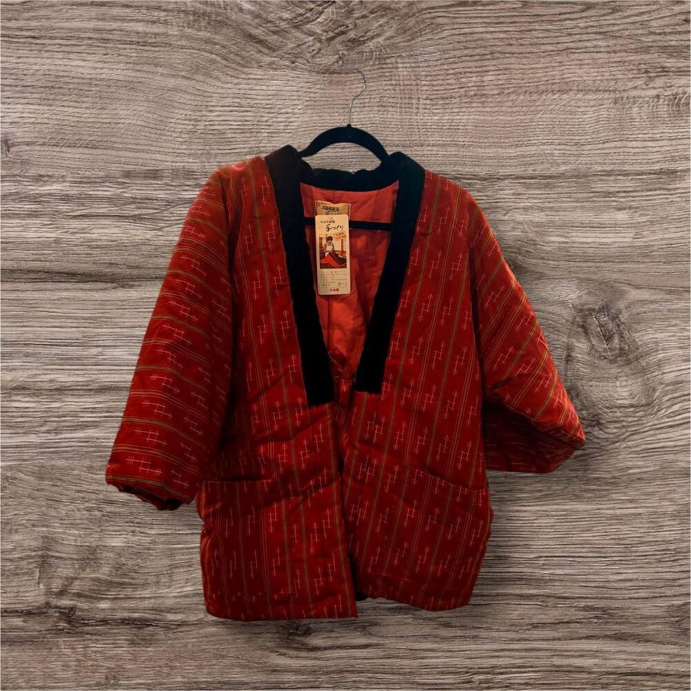 Kurume Vintage Japanese Padded Hanten Jacket Red Striped Quilted Kimono Coat ML